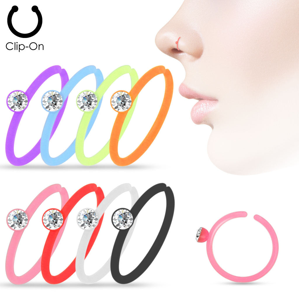 8pcs Crystal Gem Set Assorted Color Clip-On Nose Hoop Rings