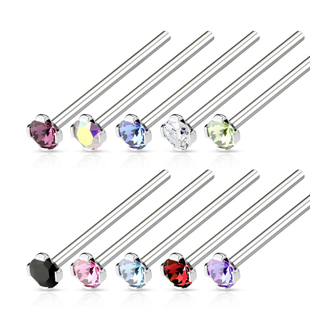 10pcs LONG 3/4" Fishtail Prong Set Gem 18g Nose Rings