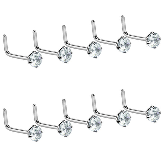 10pc L-Bend Prong Set Clear Gem Nose Rings