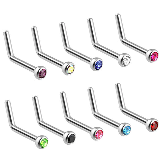 10pc L-Bend Press-Fit Gem Nose Rings