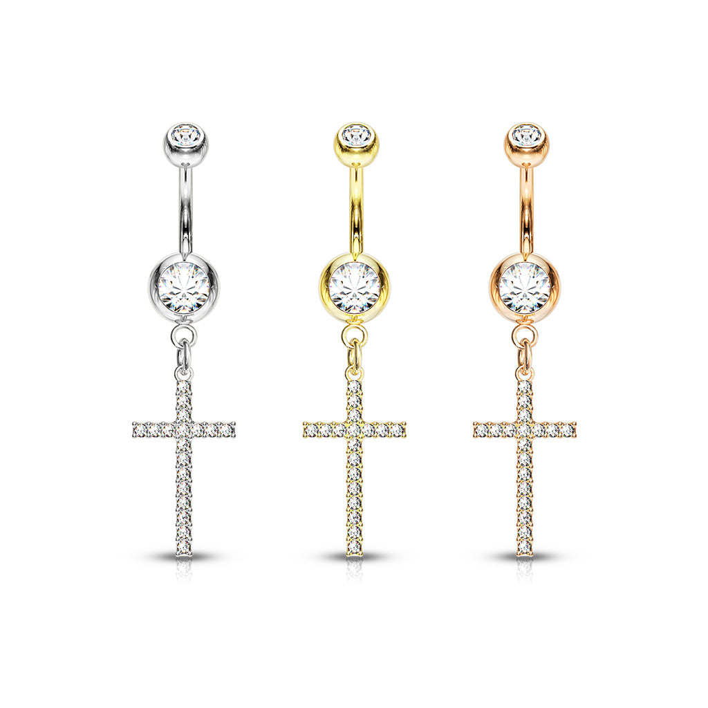1pc Crystal Gem Paved Cross Belly Ring Navel Naval 316L Surgical Steel
