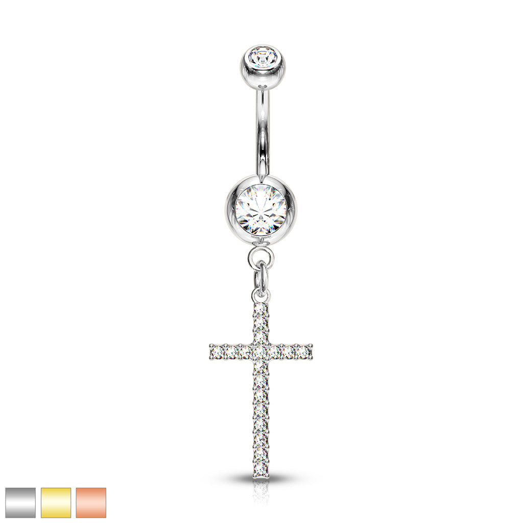 1pc Crystal Gem Paved Cross Belly Ring Navel Naval 316L Surgical Steel