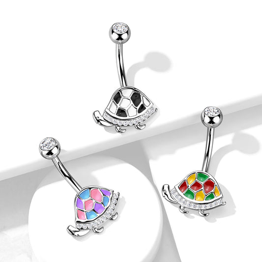 Enamel Turtle Belly Ring CZ Gem Pierced Navel Animal 316L Stainless Steel 14g