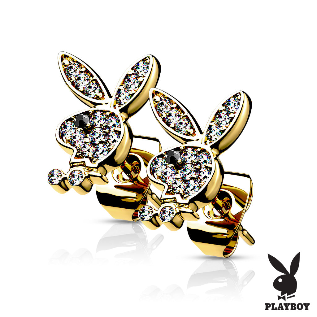 PAIR Playboy Bunny Earrings Paved Gem 20g Butterfly Clasp 316L Stainless Steel