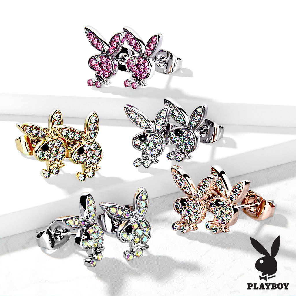 PAIR Playboy Bunny Earrings Paved Gem 20g Butterfly Clasp 316L Stainless Steel
