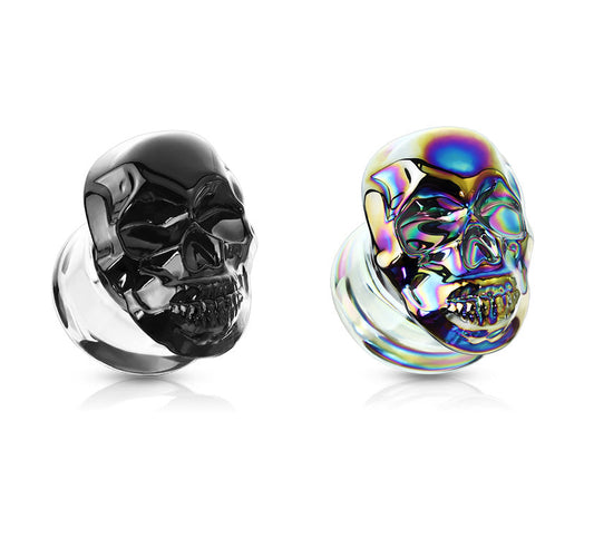PAIR of Skull Front Pyrex Glass Plugs Gauges Tunnels Body Jewelry