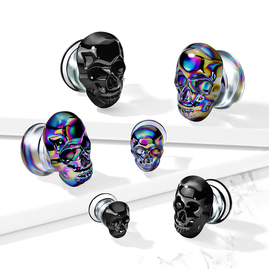PAIR of Skull Front Pyrex Glass Plugs Gauges Tunnels Body Jewelry