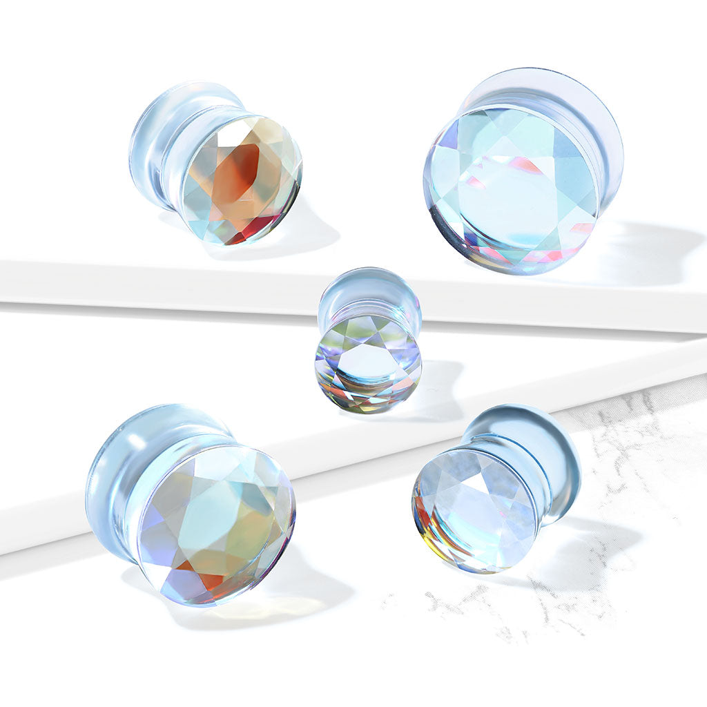 PAIR Faceted Iridescent Glass Double Flare Plugs Gauges Body Jewelry