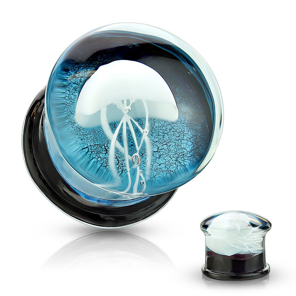PAIR Jellyfish Design Glass Double Flare Plugs Jelly Fish Gauges Body Jewelry
