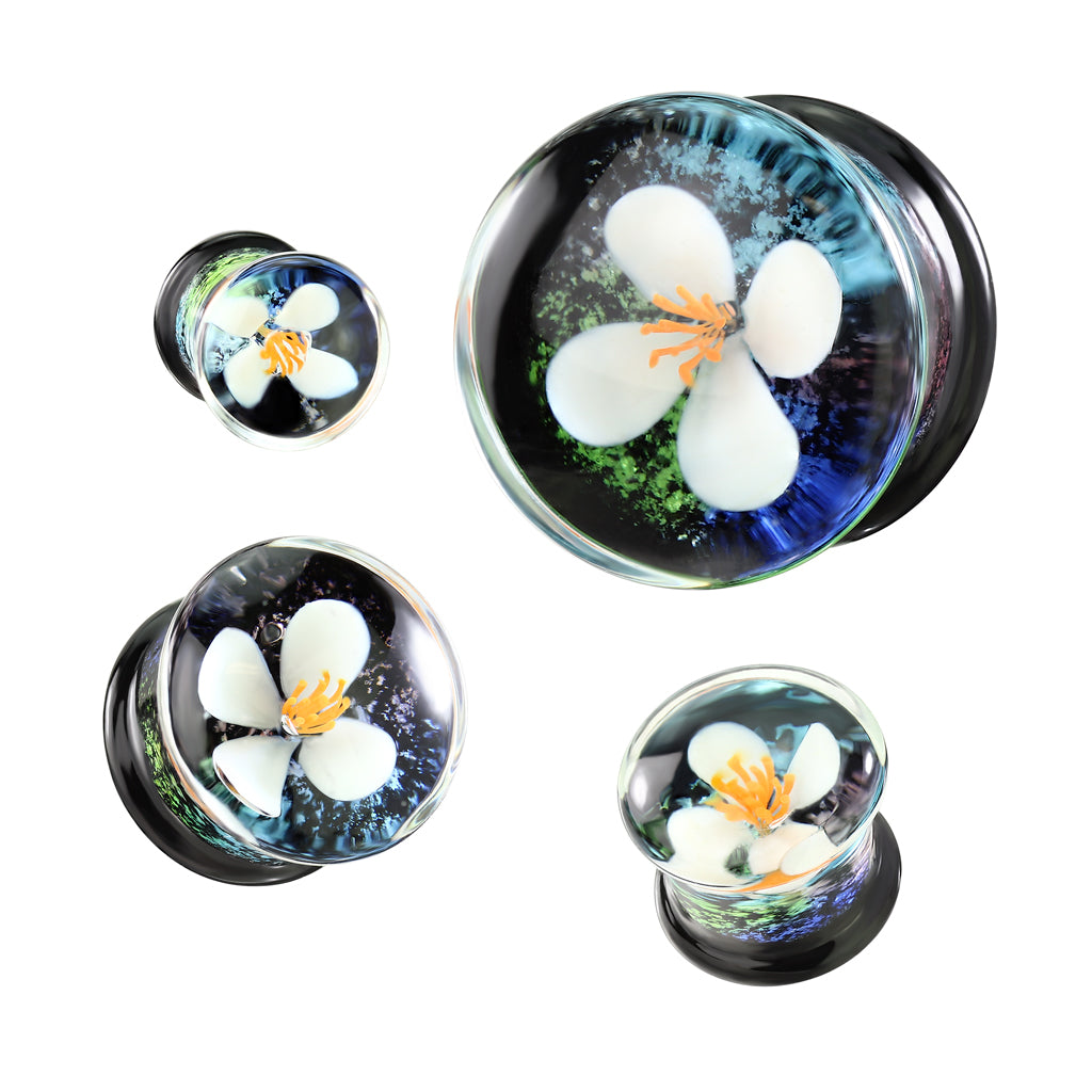 PAIR Floating White Flower Pyrex Glass Double Flare Plugs Gauges Body Jewelry