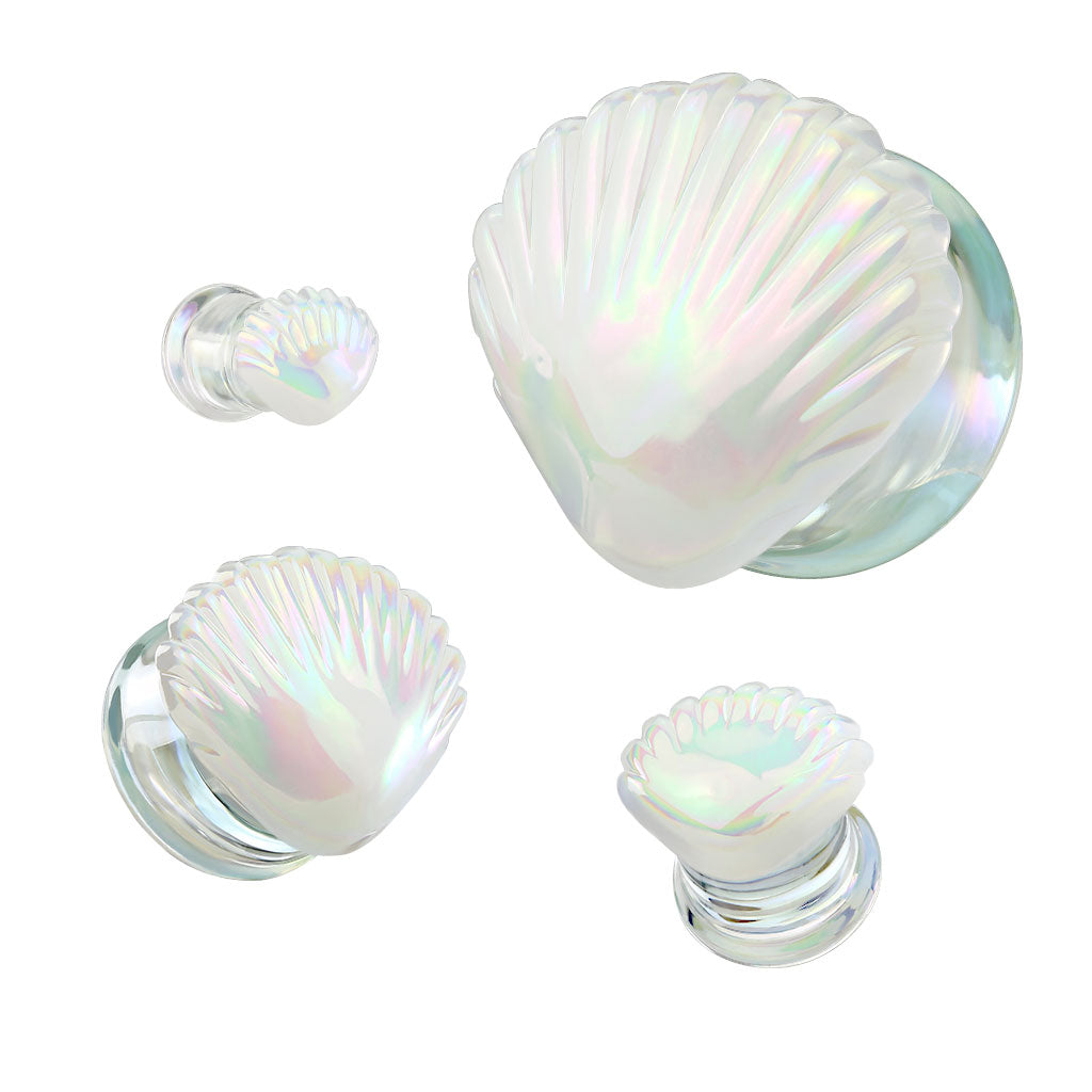 PAIR White Pearl Seashell Glass Double Flare Plugs Sea Shell Tunnels Gauges