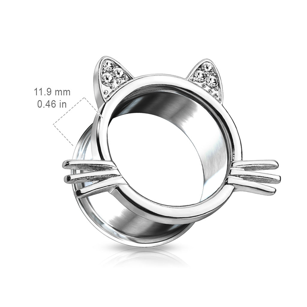 PAIR Gem Ears Kitty Cat Steel Double Flare Tunnels Ear Plugs Feline Gauges