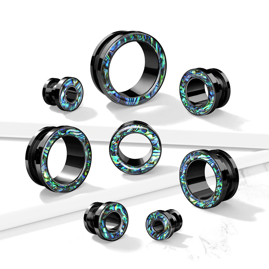 PAIR Abalone Rimmed Black Screw Fit Tunnels Earlets Gauges Plugs Body Jewelry