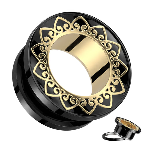PAIR Black with Gold Filigree Rim & Interior Screw Fit Tunnels Ear Plugs Gauges