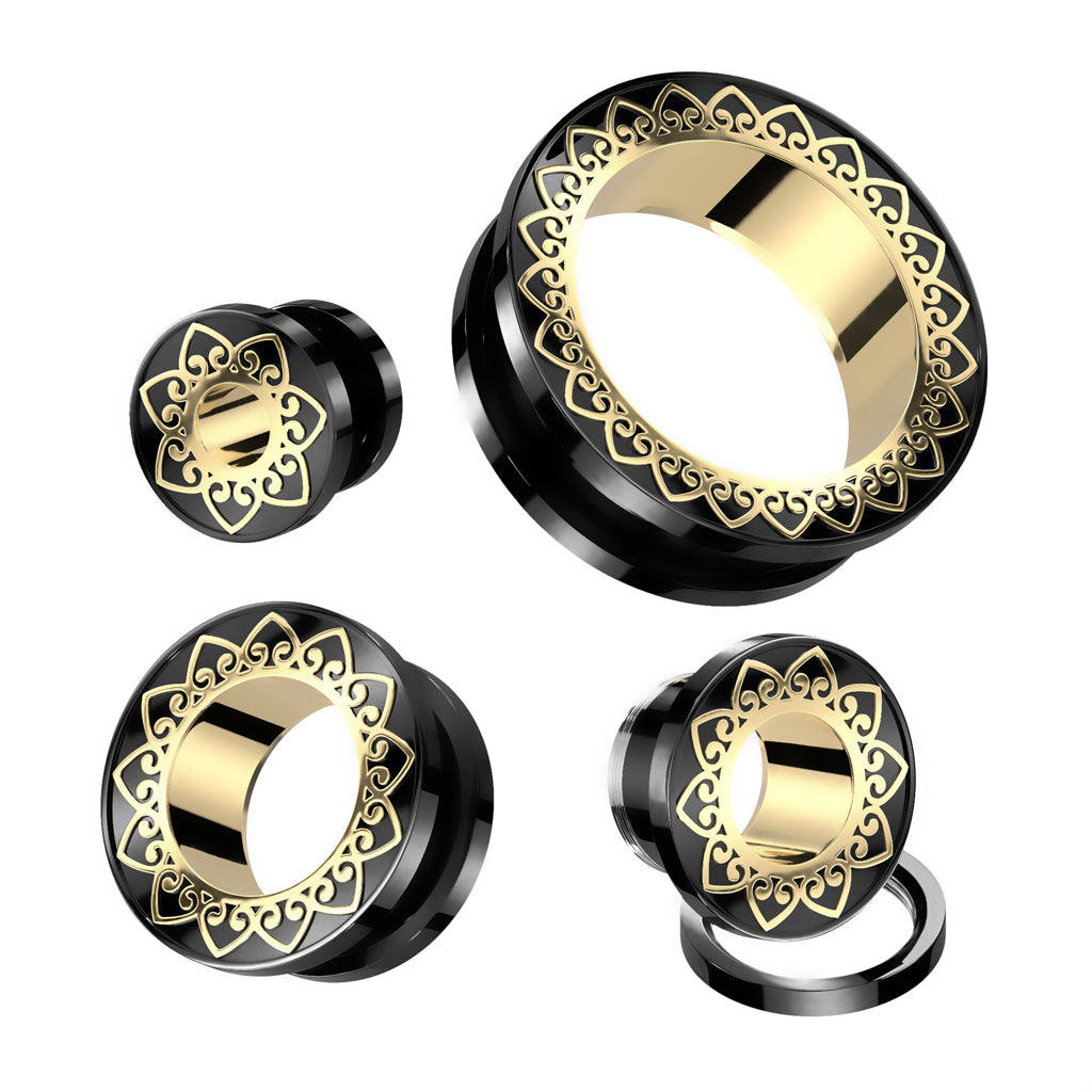 PAIR Black with Gold Filigree Rim & Interior Screw Fit Tunnels Ear Plugs Gauges