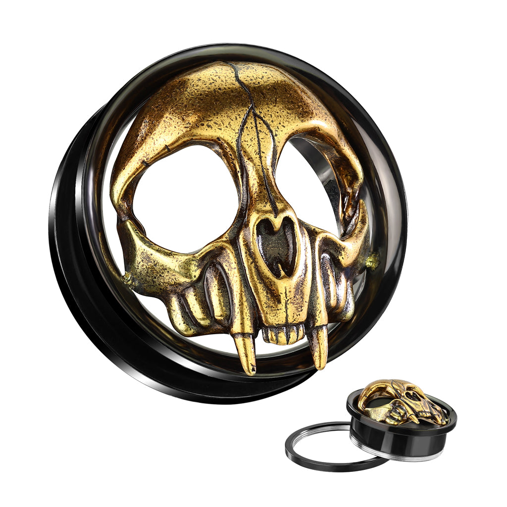 PAIR Skull w/ Fangs Screw Fit Tunnels Plugs Black Steel Earlet Gauges