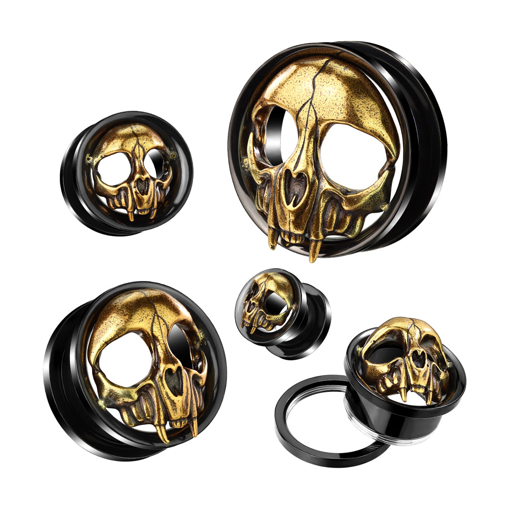 PAIR Skull w/ Fangs Screw Fit Tunnels Plugs Black Steel Earlet Gauges