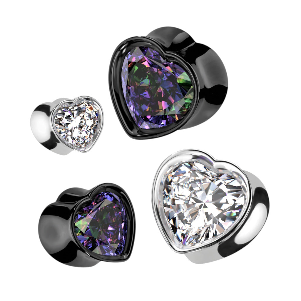 PAIR Heart Shaped CZ Gem Double Flare Plugs Tunnels 316L Surgical Steel Gauges