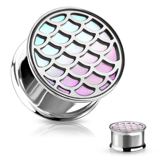 PAIR Hologram Fish Scale Steel Double Flare Tunnels Ear Plugs Gauges