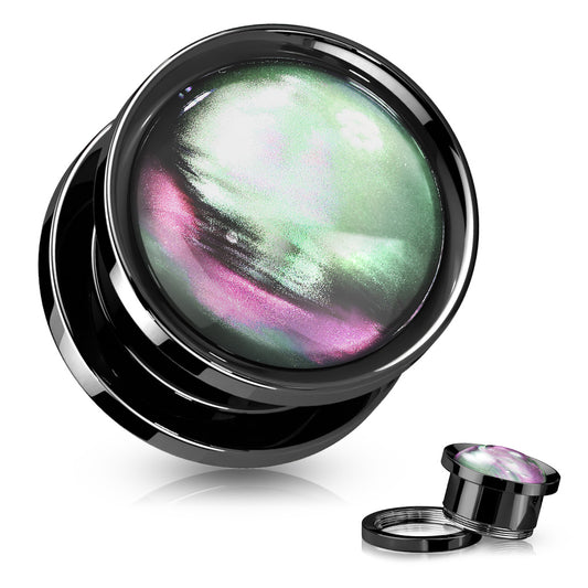 PAIR Iridescent Shell Black Screw Fit Tunnels Earlets Gauges Plugs Body Jewelry