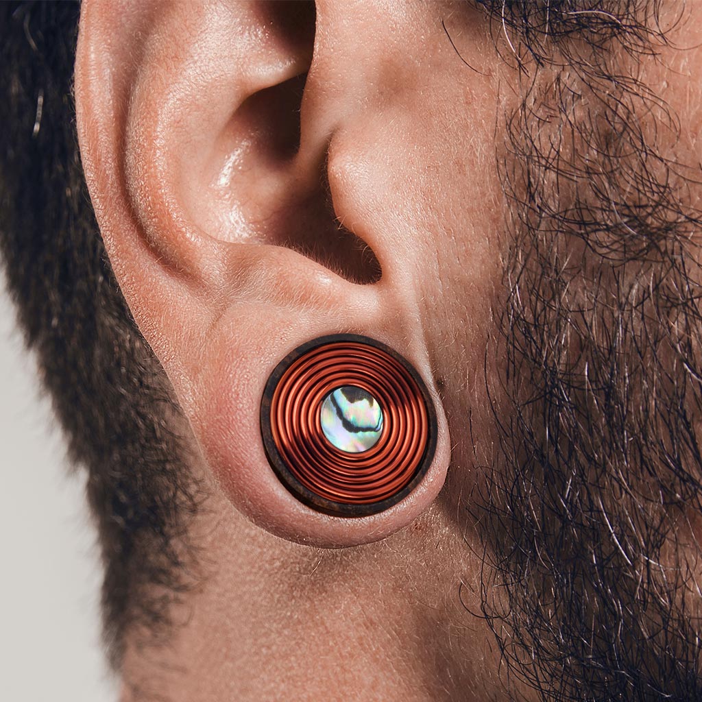 PAIR Sono Wood Plugs w/ Mother of Pearl Inlay & Copper Coil Earlets Gauges