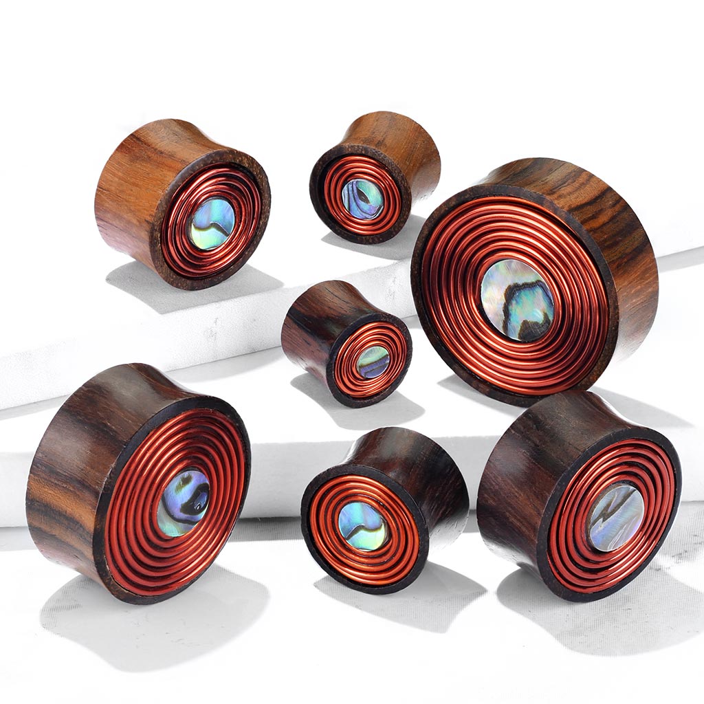 PAIR Sono Wood Plugs w/ Mother of Pearl Inlay & Copper Coil Earlets Gauges