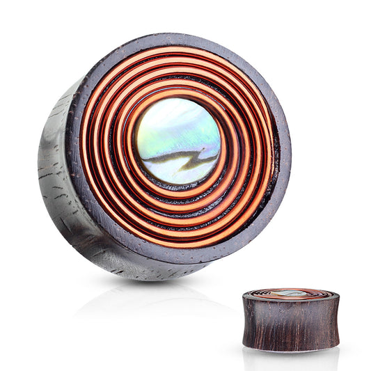 PAIR Sono Wood Plugs w/ Mother of Pearl Inlay & Copper Coil Earlets Gauges