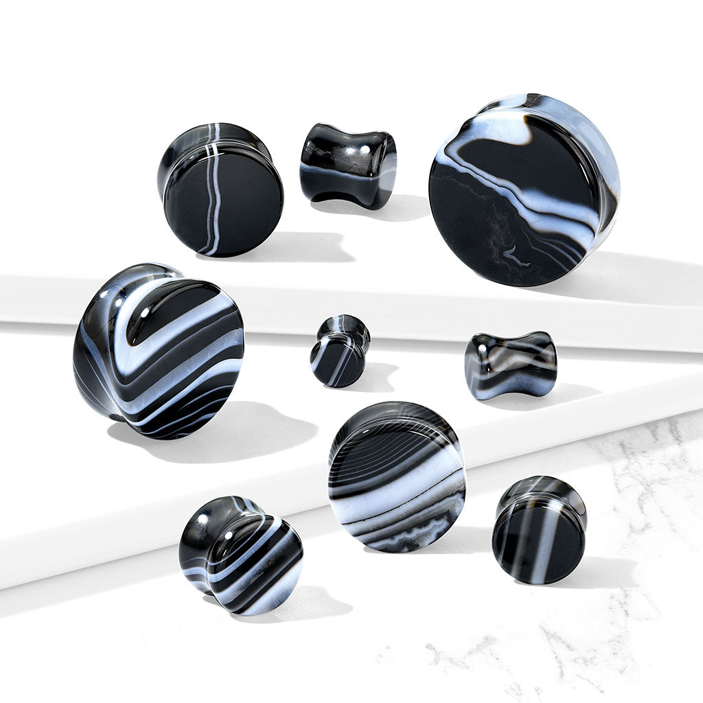 PAIR Black & White Striped Agate Natural Stone Double Flare Plugs Organic Gauges