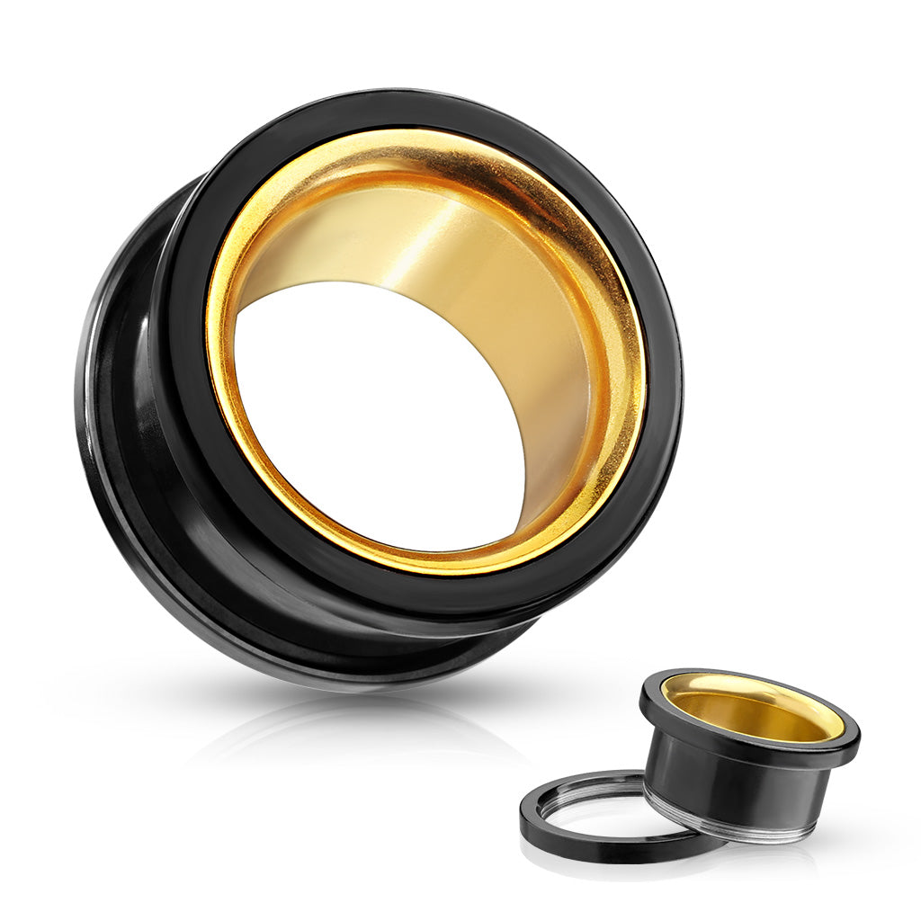 PAIR Black with Gold Interior Screw Fit Tunnels Ear Plugs Earlet Gauges