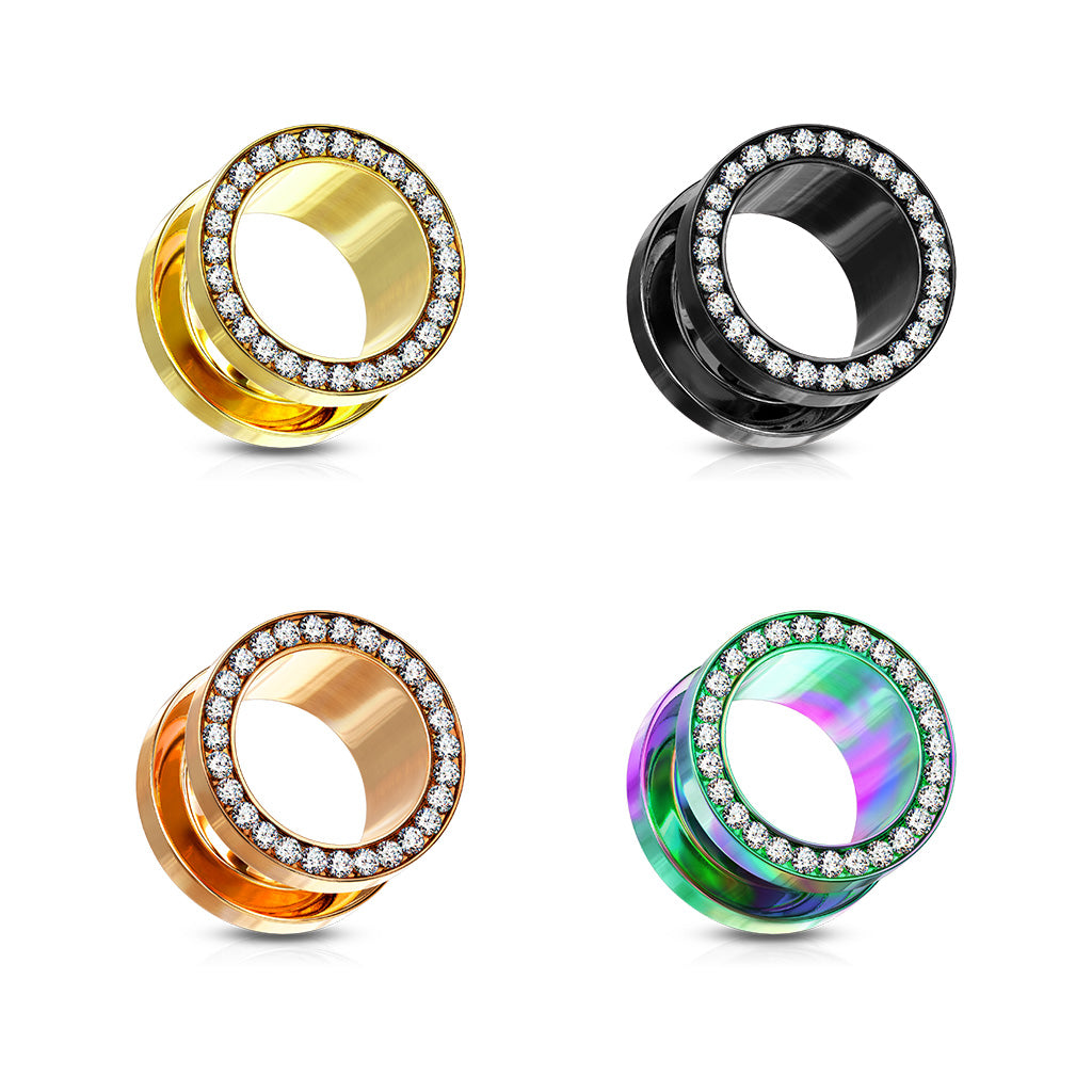 PAIR Gem Rimmed Rainbow PVD Plated Tunnels Plugs Earlets Gauges