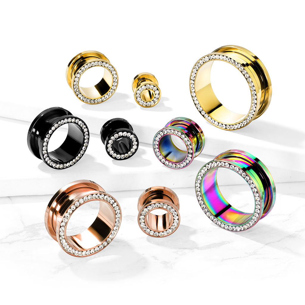 PAIR Gem Rimmed Rose Gold PVD Plated Tunnels Plugs Earlets Gauges