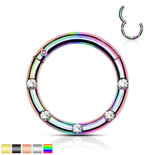 1pc Five Flush Gems Hinged Segment Ring 16g Septum Clicker 316L Surgical Steel