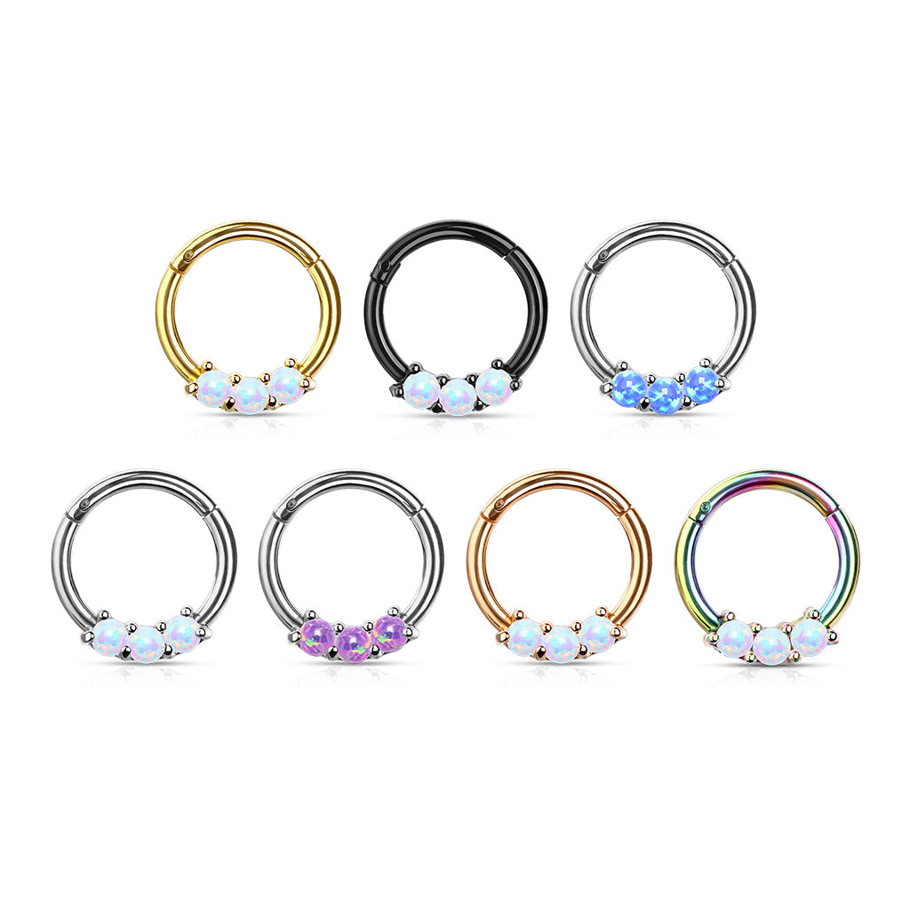 1pc Three Opals Hinged Segment Ring Septum Clicker 316L Surgical Steel