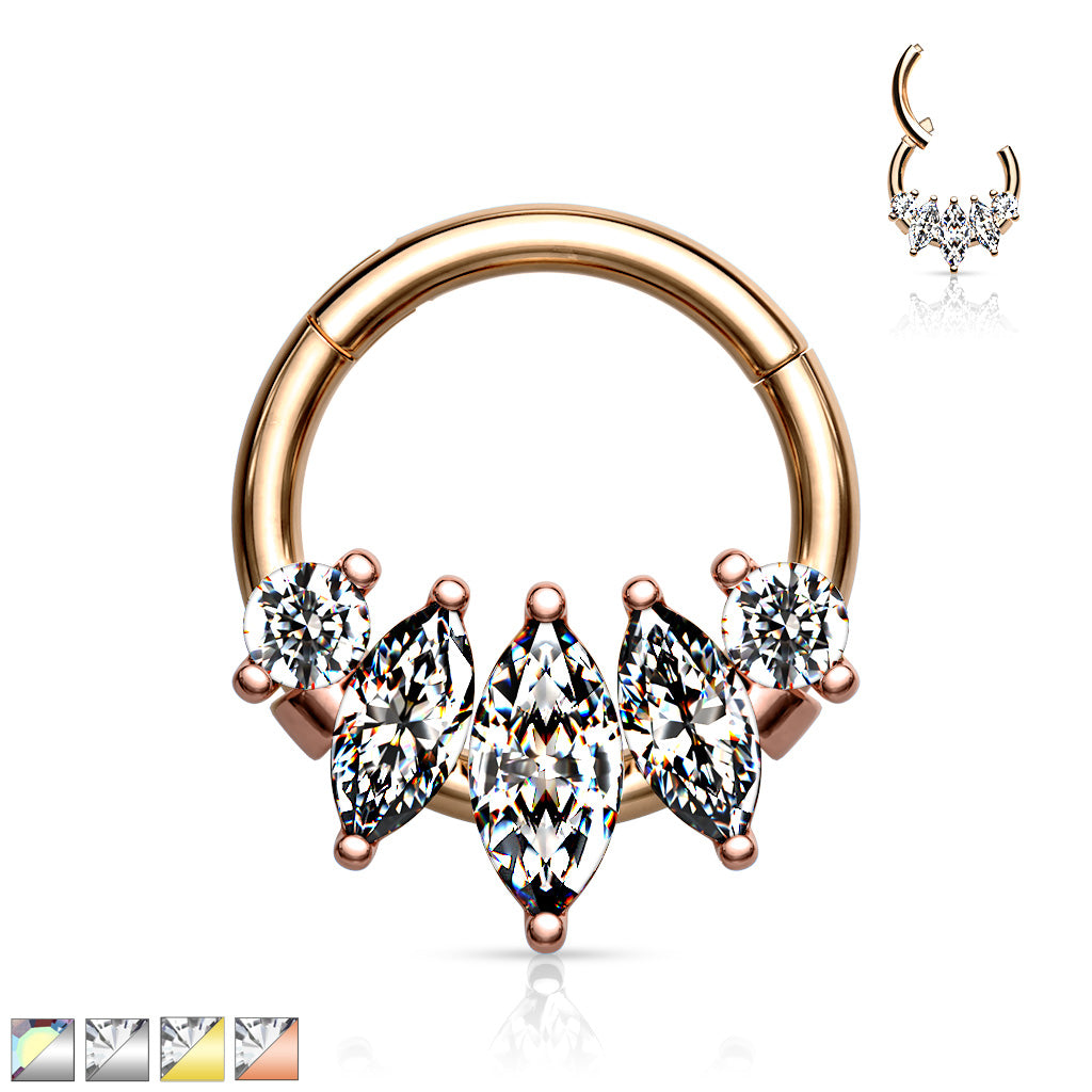 1pc Five Marquise CZ Gem Hinged Segment Ring 16g Septum Clicker Surgical Steel