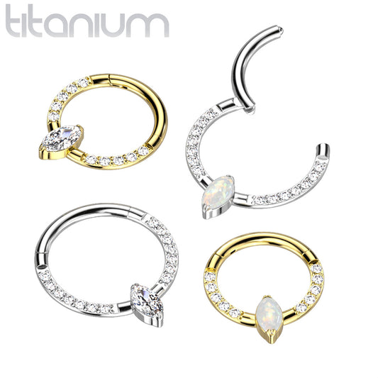 1pc Solid Titanium Hinged Segment Ring Marquise Gem or Opal Helix Septum Clicker