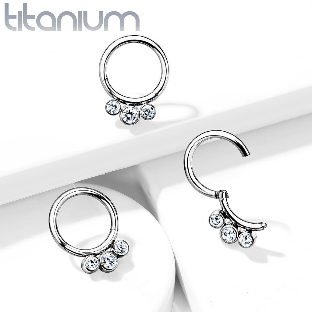 1pc Solid Titanium 3 Crystal Gems Hinged Segment Ring Helix Septum Clicker