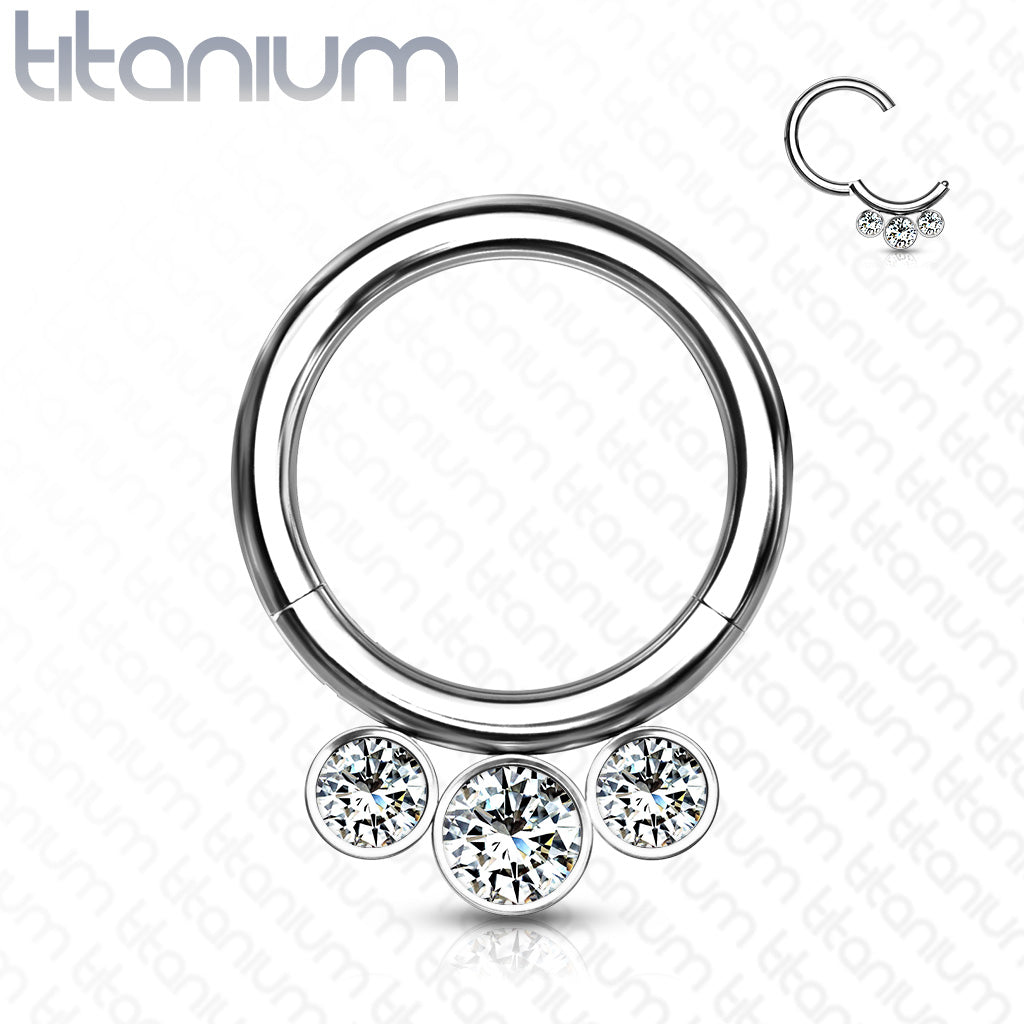 1pc Solid Titanium 3 Crystal Gems Hinged Segment Ring Helix Septum Clicker