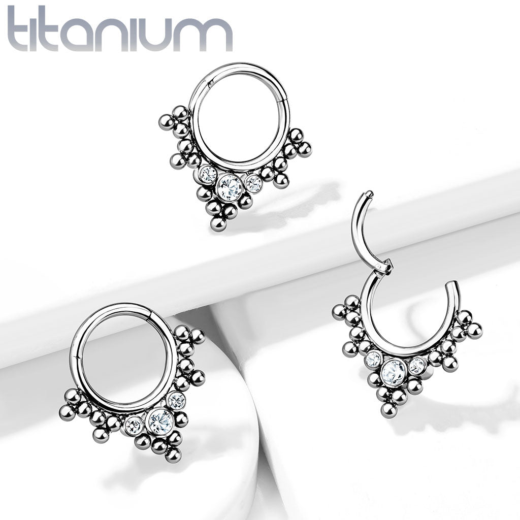 1pc Solid Titanium 3 Gems & Beads Hinged Segment Ring Helix Septum Clicker