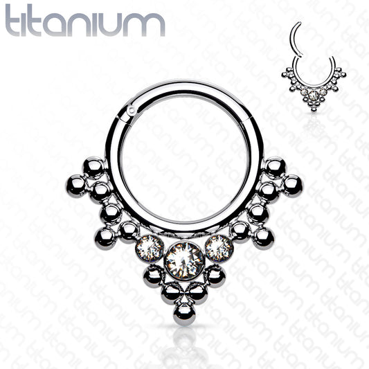 1pc Solid Titanium 3 Gems & Beads Hinged Segment Ring Helix Septum Clicker