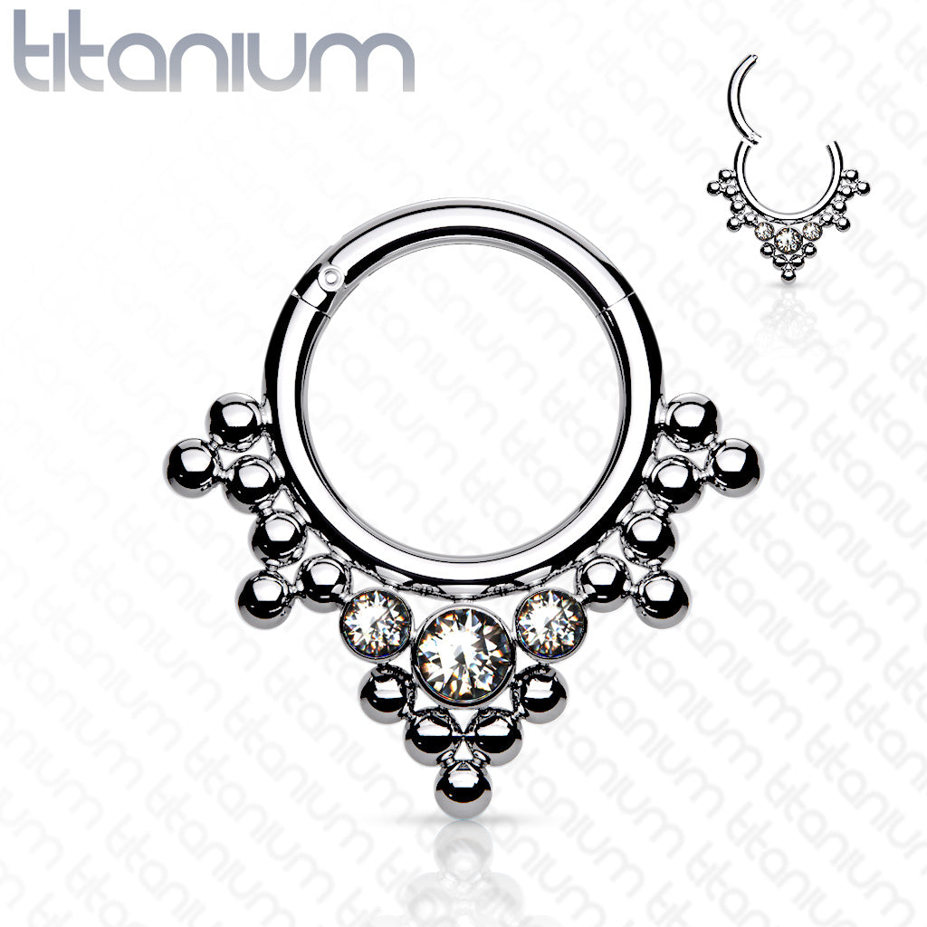 1pc Solid Titanium 3 Gems & Beads Hinged Segment Ring Helix Septum Clicker