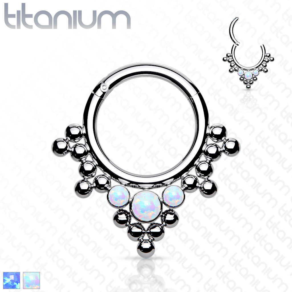 1pc Solid Titanium 3 Opals & Beads Hinged Segment Ring Helix Septum Clicker