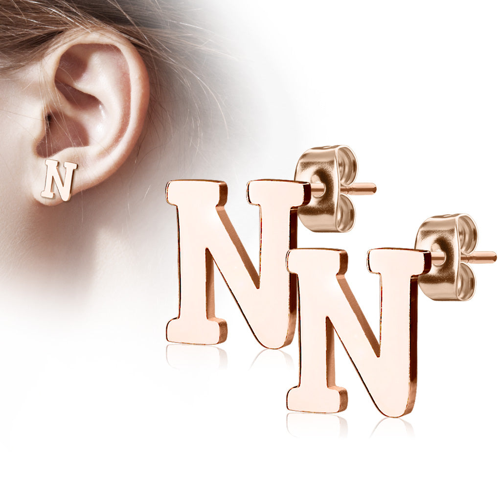 Alphabet Initial Earrings Rose Gold IP 316L Stainless Steel