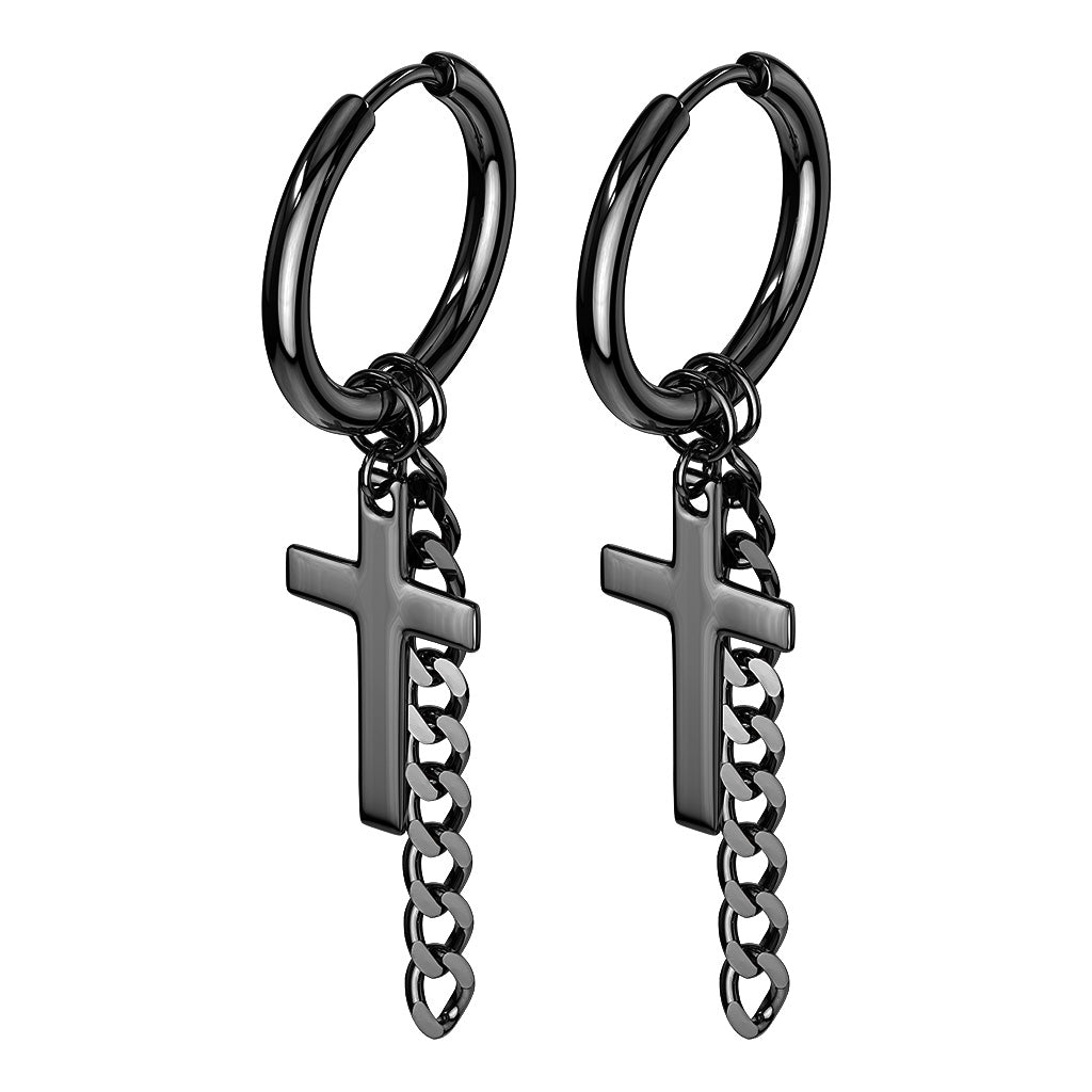 PAIR 316L Steel Hinge Action 20g Seamless Hoop Earrings w/ Cross & Chain Dangle