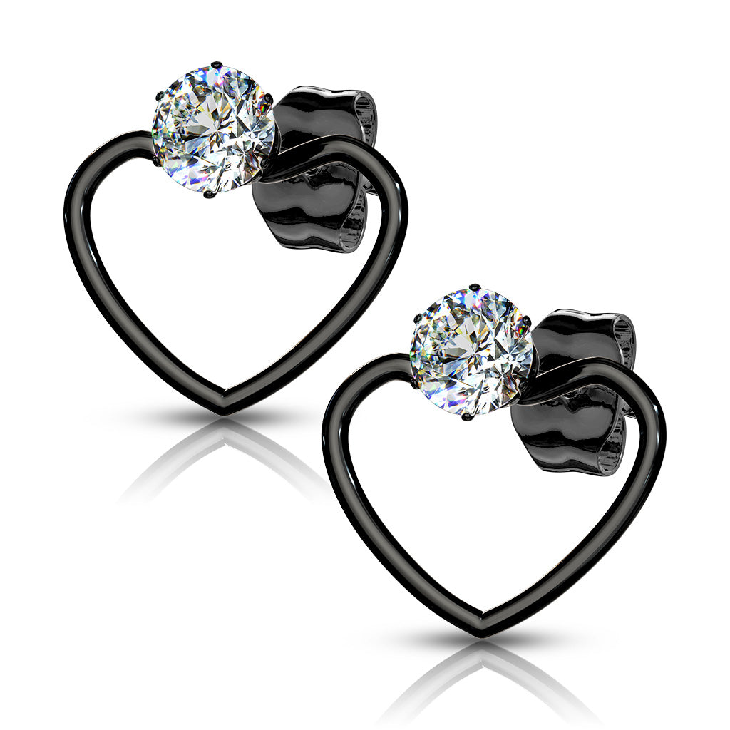 PAIR of CZ Gem Solitaire IP Stainless Steel 20g Earrings w/ Heart