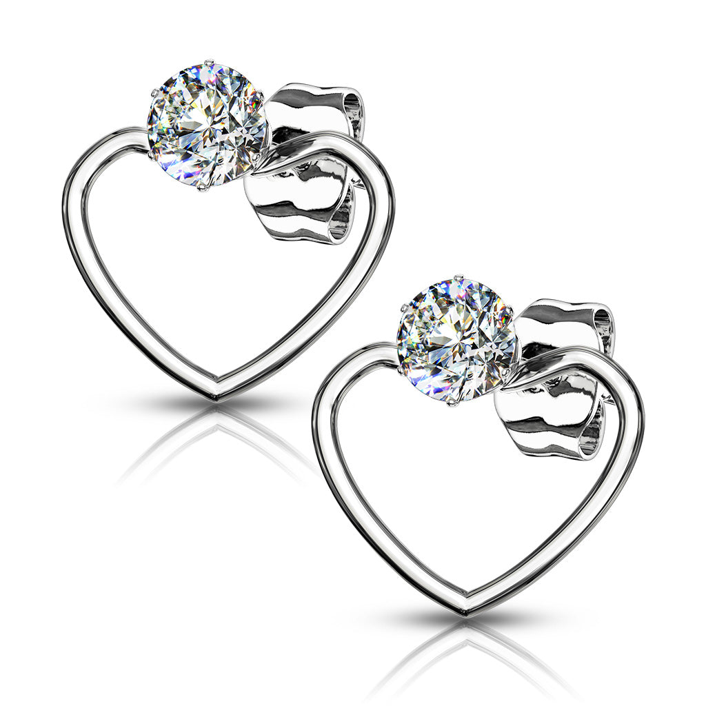 PAIR of CZ Gem Solitaire IP Stainless Steel 20g Earrings w/ Heart