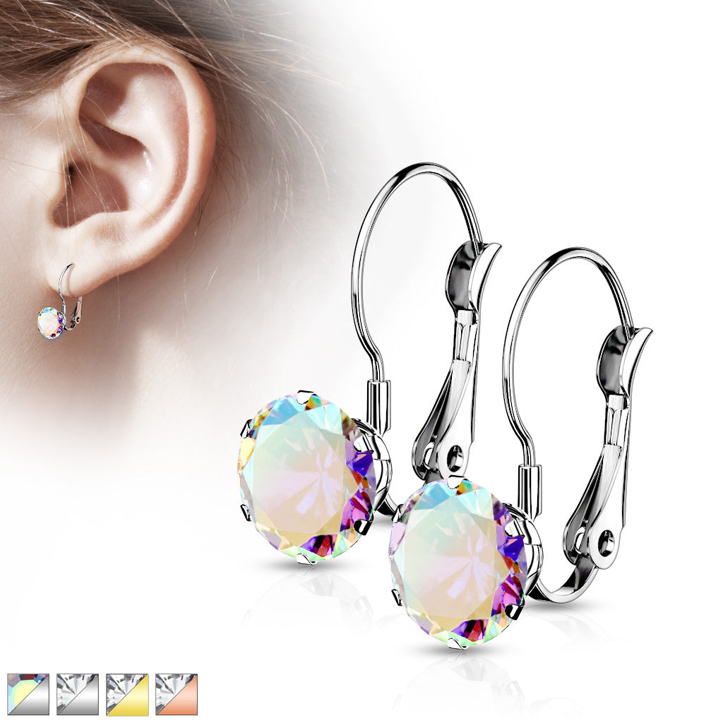 PAIR of Round CZ Gem Earrings w/ Lever Back 20g 316L Stainless Steel