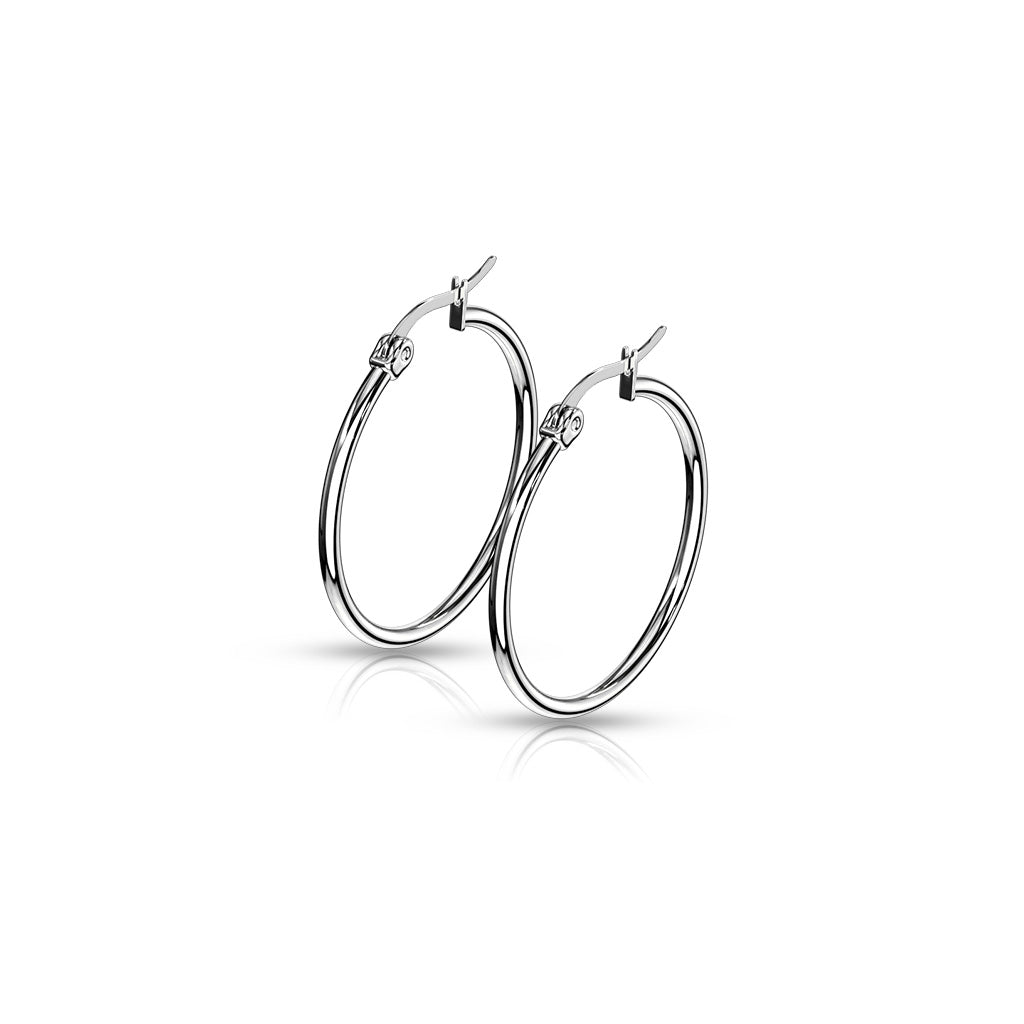 PAIR of Round Hoop Earrings Silver Color 22g 316L Stainless Steel