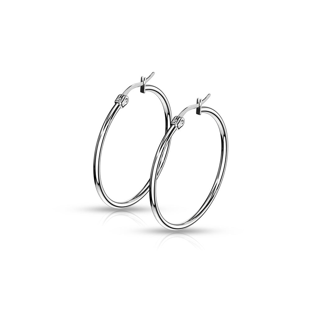 PAIR of Round Hoop Earrings Silver Color 22g 316L Stainless Steel