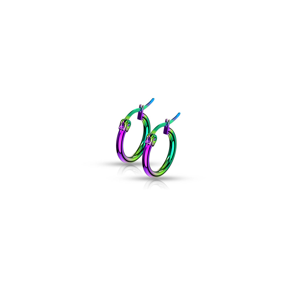 PAIR of Round Hoop Earrings 22g Rainbow Multi-color Ion Plated Stainless Steel