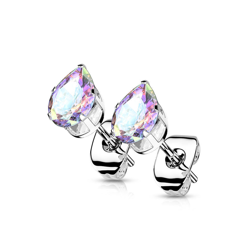 PAIR Tear drop CZ Gem Stud Earrings Teardrop Pear Steel, choose color & gem size